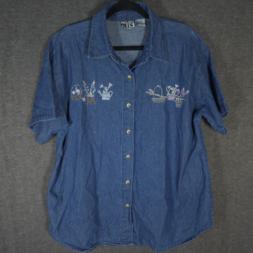Proudly Plus Womens Denim Button Up Shirt XL Embroidered Cottagecore Gardening